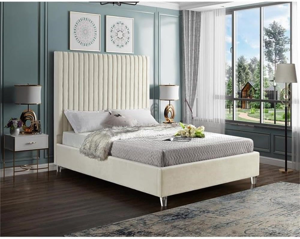 Queen Velvet Upholstered Bed Cream Acrylic Legs Tufting