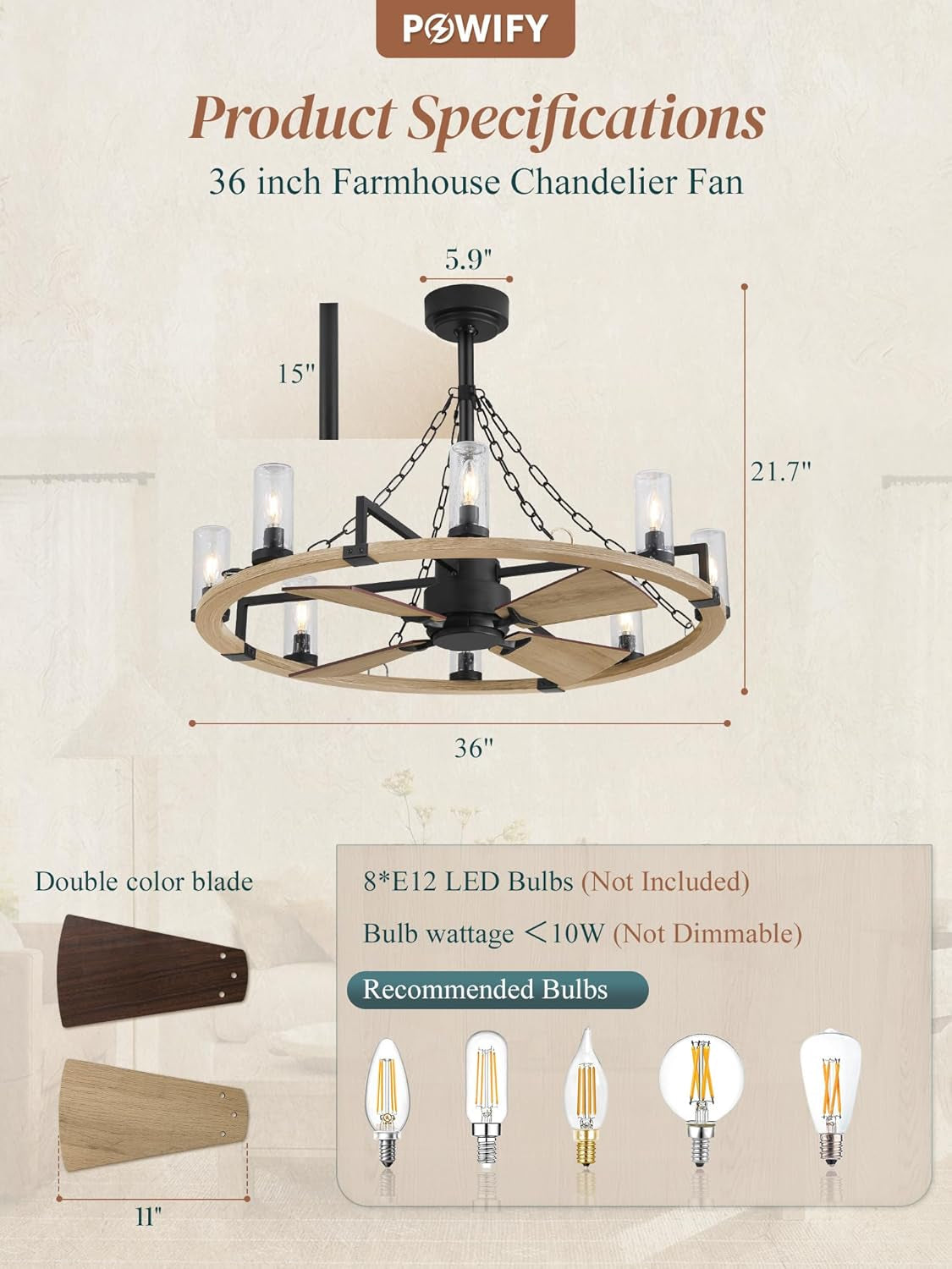 Powrify 36 Inch Industrial Farmhouse Ceiling Fan Light