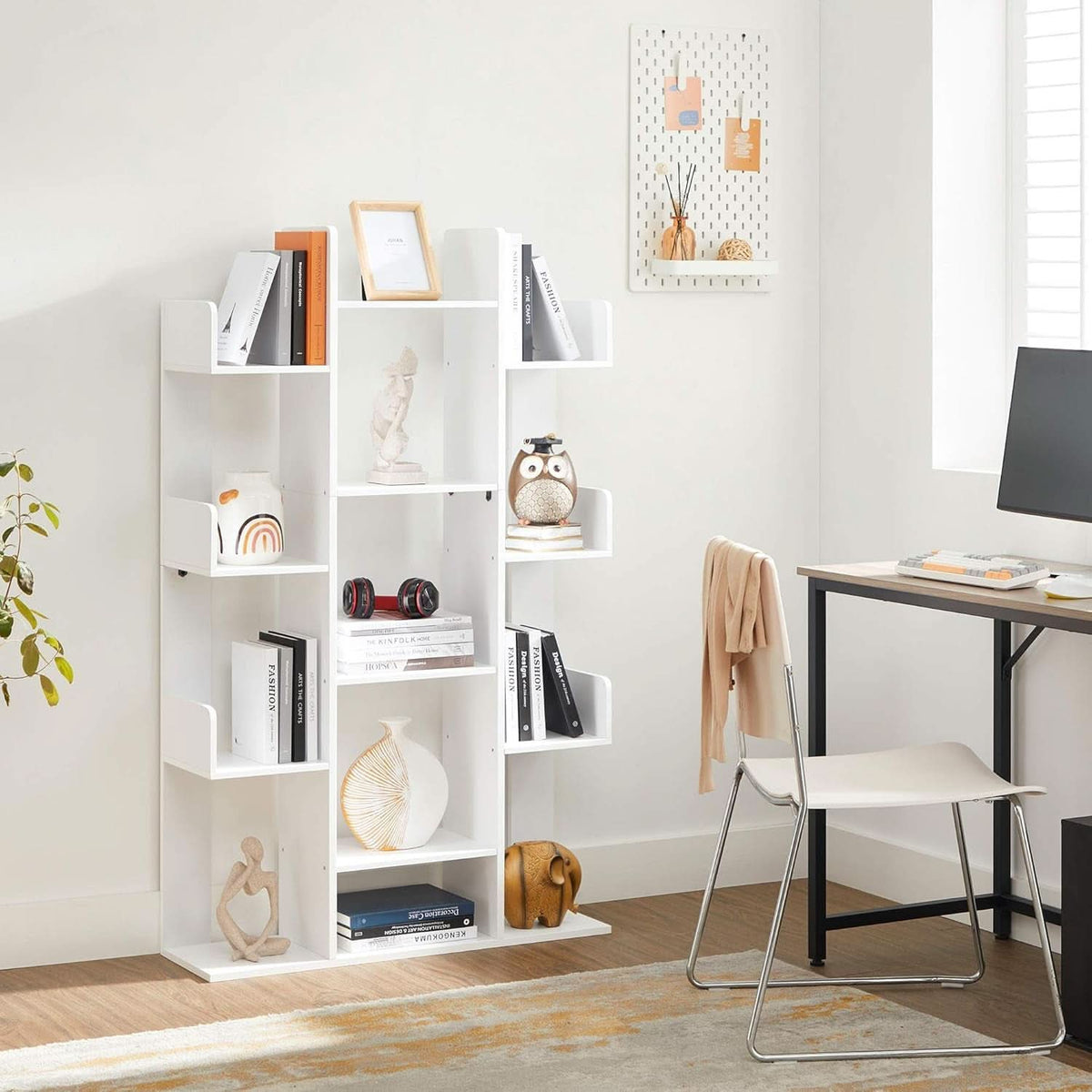 Tree Shaped Bookcase Freestanding White 13 Shelves Storage