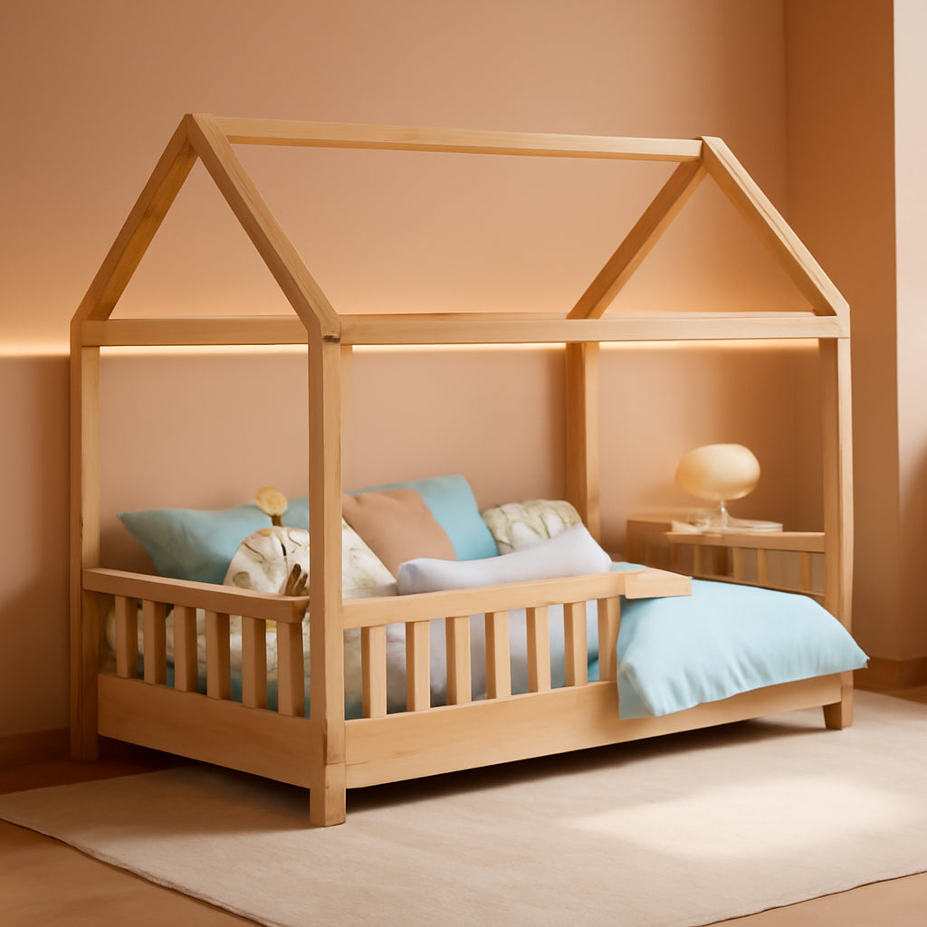 Twin Size Natural Wood Playhouse Style Bed Guardrails