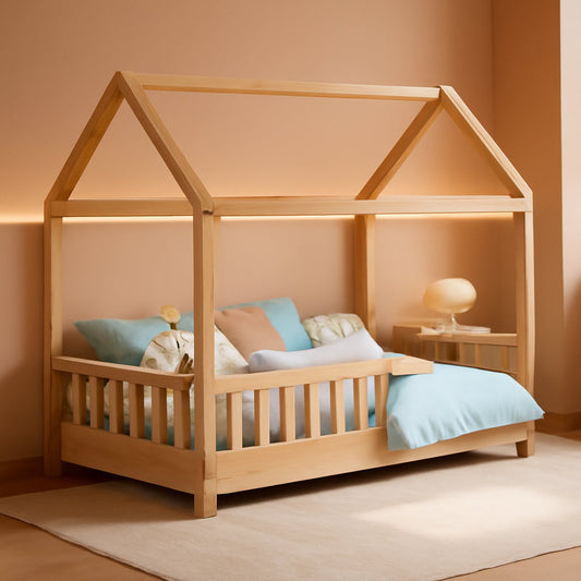 Twin Size Natural Wood Playhouse Style Bed Guardrails