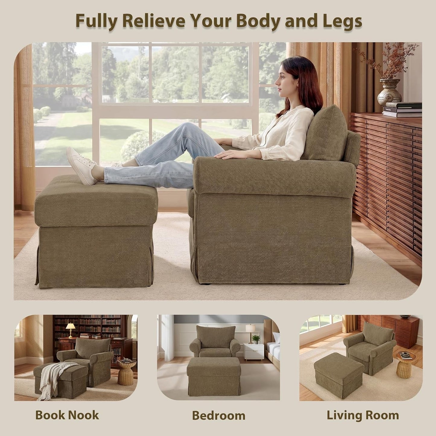 Brown Chenille Accent Chair With Substantial Ottoman
