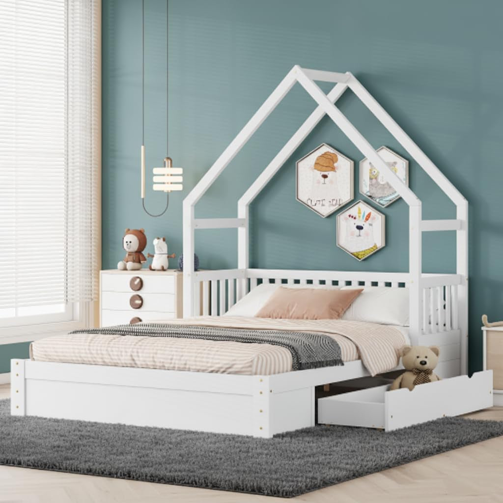 Queen Size Kids House Bed Frame With Under Bed Storage Drawers