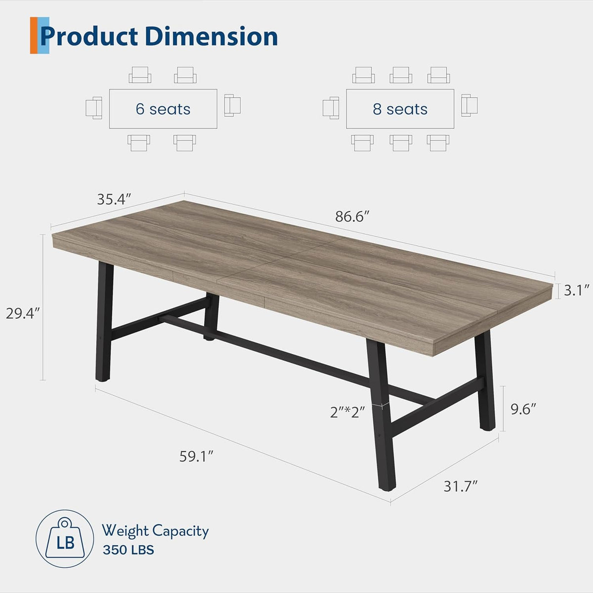 86-Inch Grey Walnut Dining Table Non-Extendable Sturdy