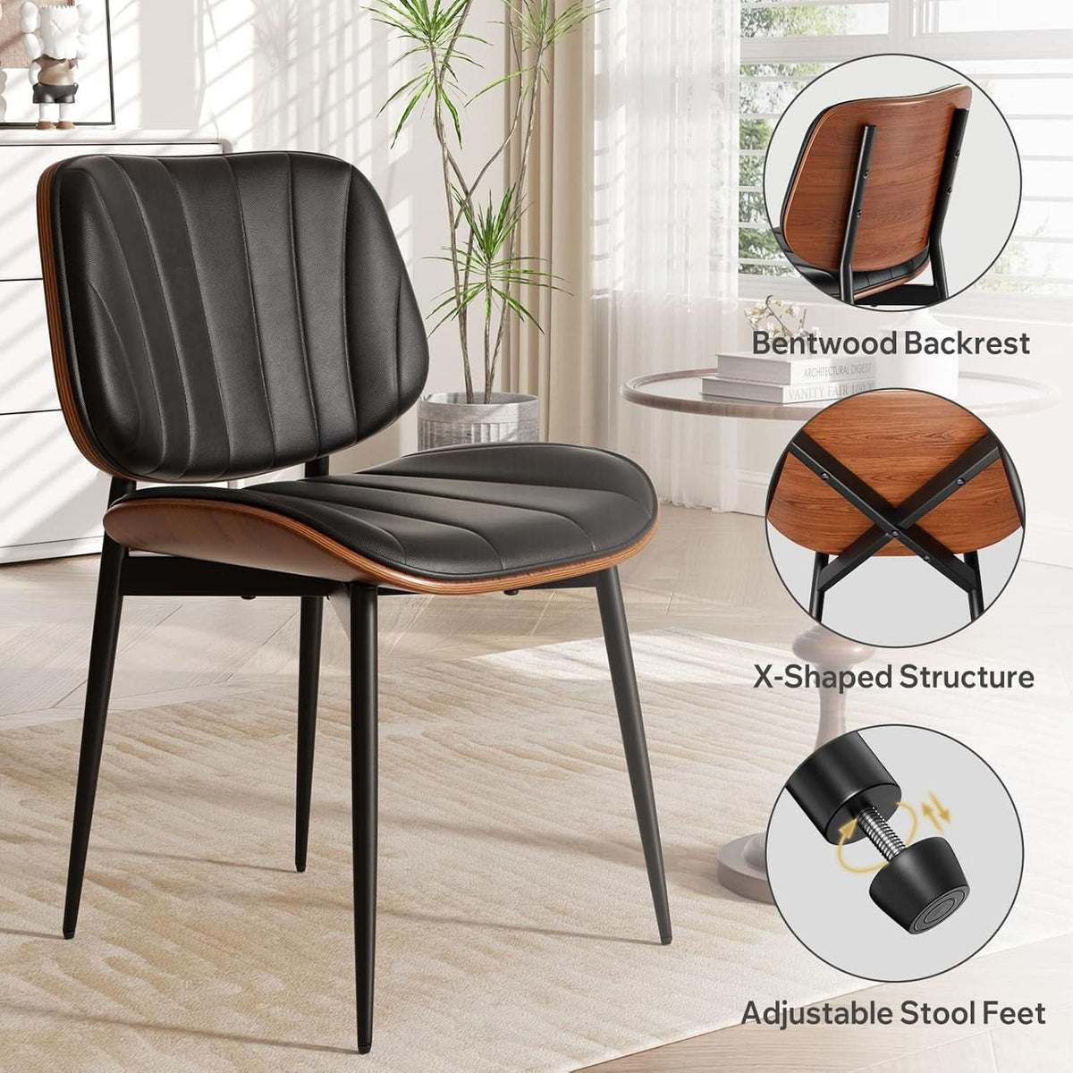 2 Black Faux Leather Mid Century Modern Dining Chairs