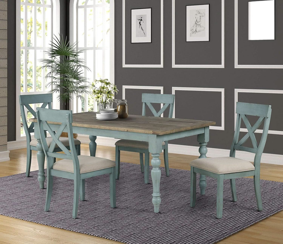 Prato Two-Tone Blue and Tan Wood Cross Back Dining Chairs, Set of 2