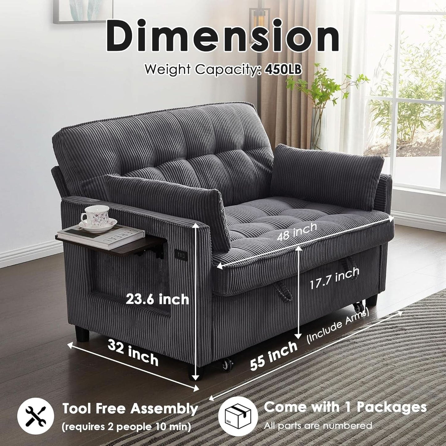 55Inch Convertible Sleeper Sofa With USBPort Corduroy
