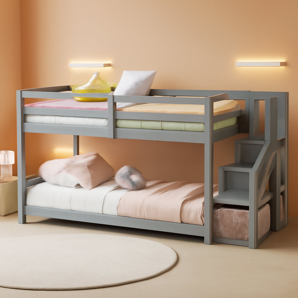 Charcoal Gray Space Saving Twin Over Bunk Bed Staircase