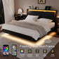 King Size Bed Frame with LED Lights & Charging Station – Wood Floating Bed Frame with Storage Headboard, Adhesive Slats, Kick-Free & Noise-Free Design, Easy Assembly, Black