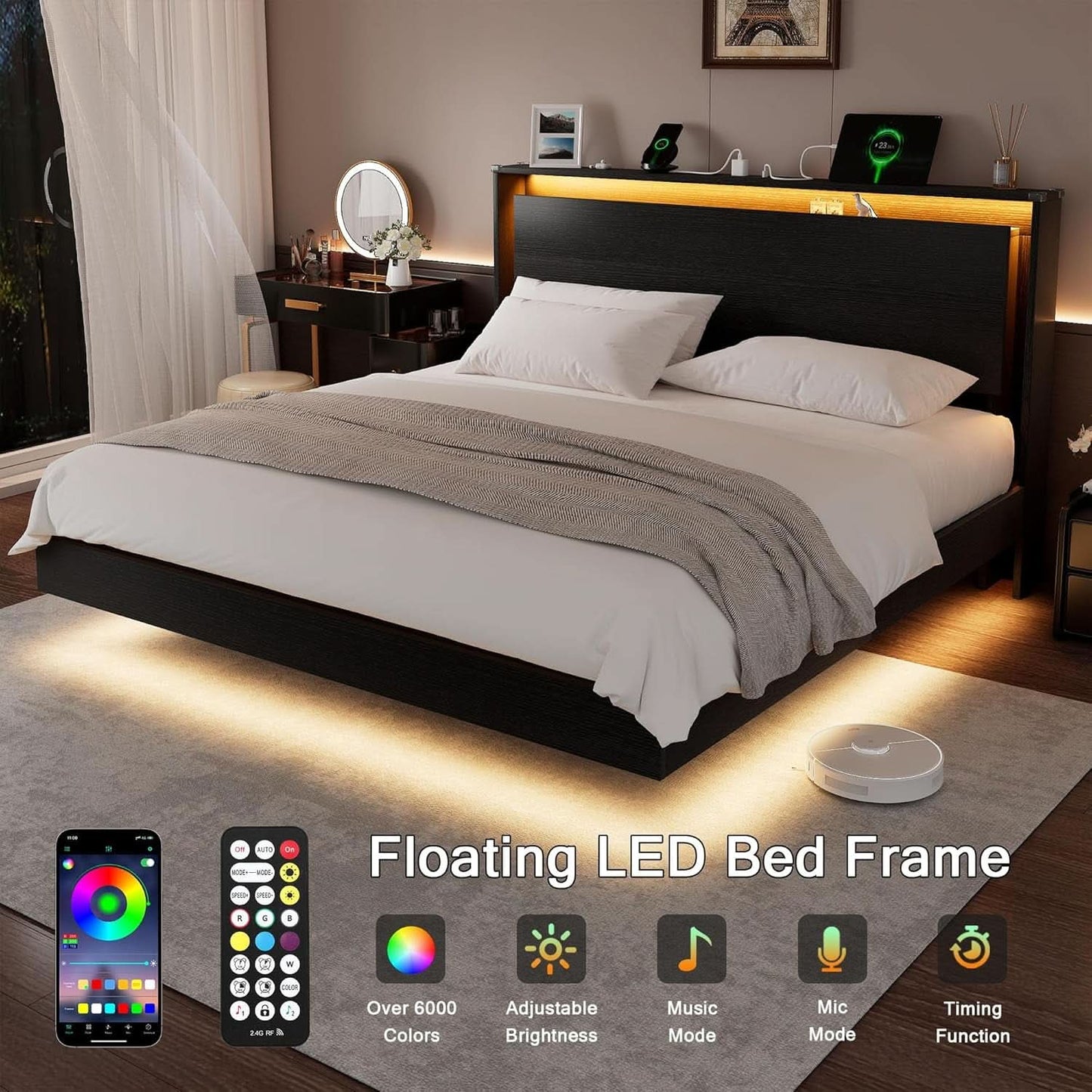King Size Bed Frame with LED Lights & Charging Station – Wood Floating Bed Frame with Storage Headboard, Adhesive Slats, Kick-Free & Noise-Free Design, Easy Assembly, Black
