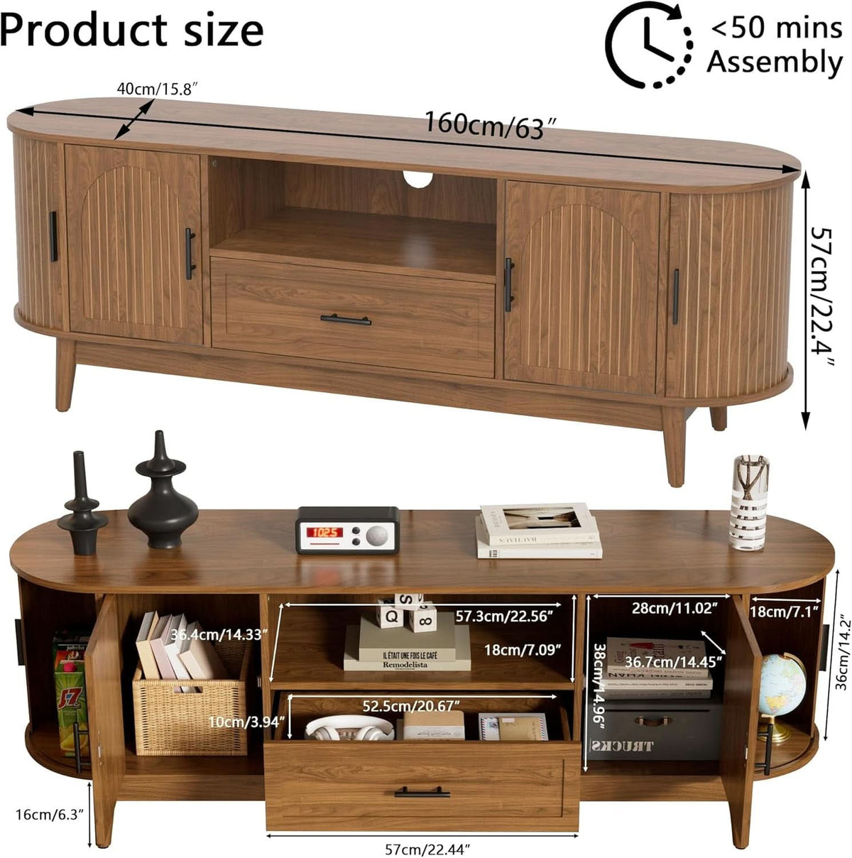 63 Inch Fluted Midcentury TV Entertainment Center Stand