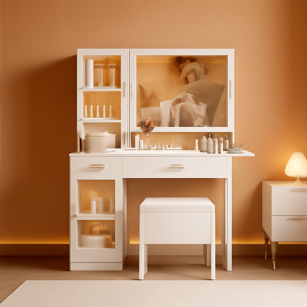 White Illuminated Makeup Vanity With Electrical Outlet