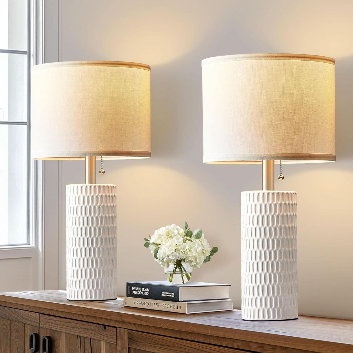 White Ceramic Table Lamps Gleaming Dimmable Twenty Inch Tall