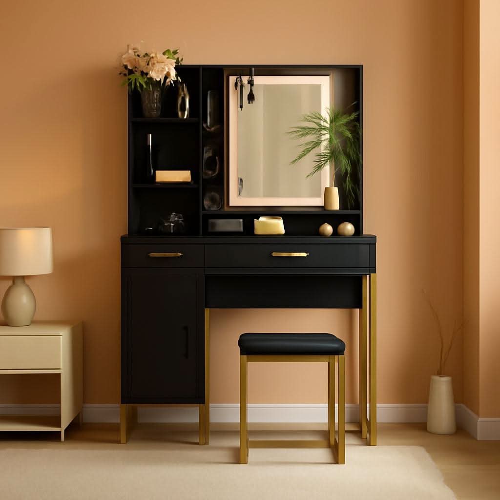 Black Vanity Desk With Multifunctional LED Lighting
