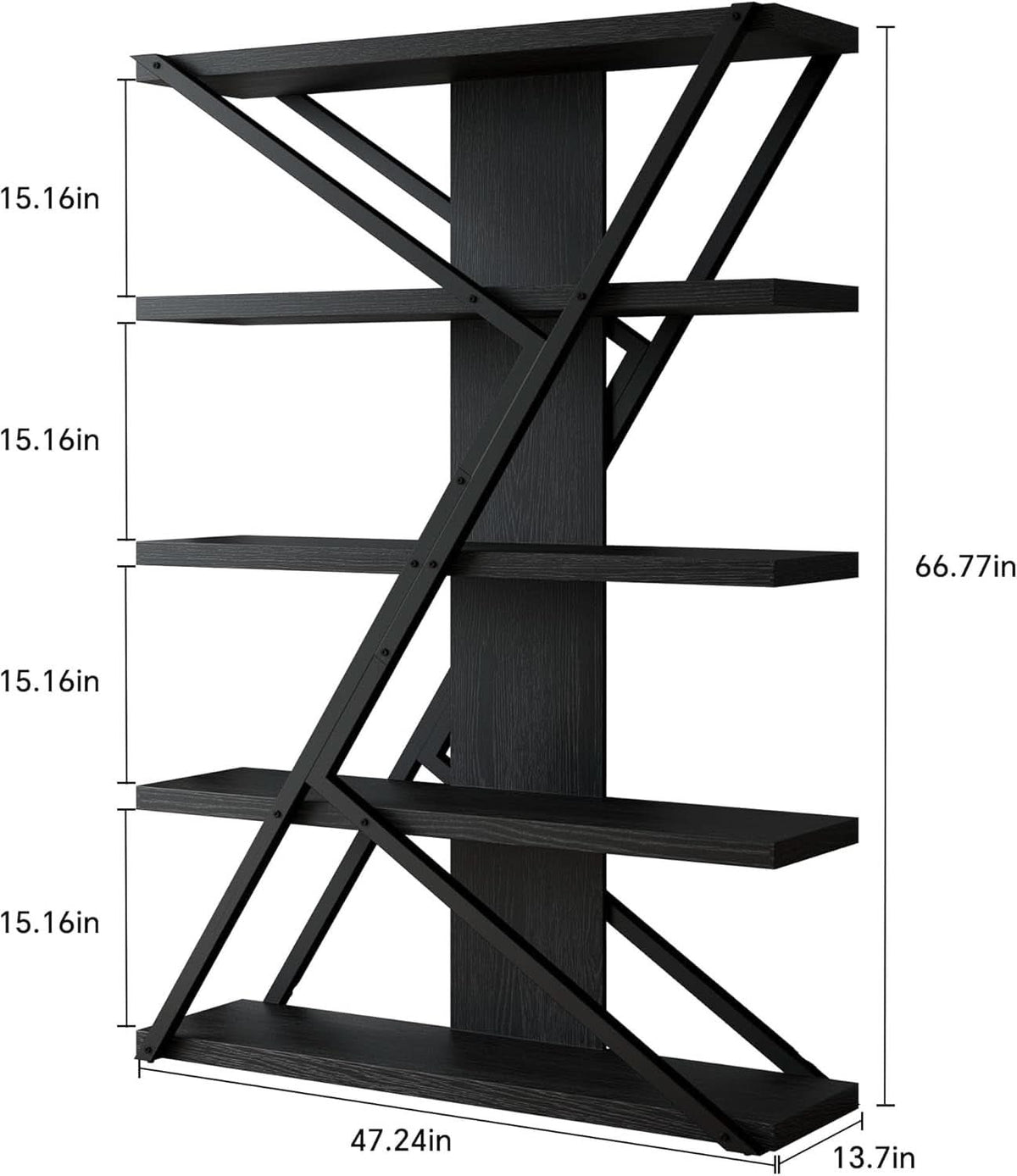 Industrial Book shelf Five Tier Solid Oak Wood Metal