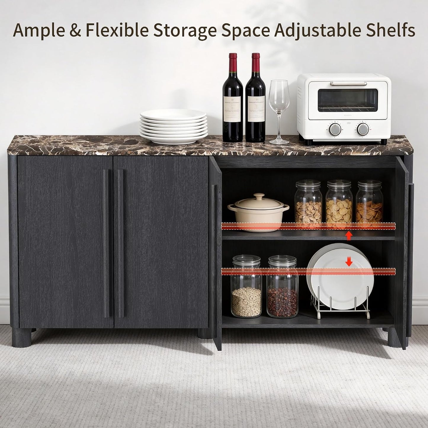 65 Inch Contemporary Sideboard Buffet Faux Marble Top