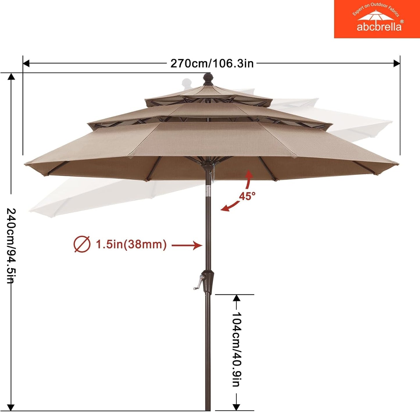 9ft 3 Tier Patio Umbrella Weather Resistant Fabric Khaki