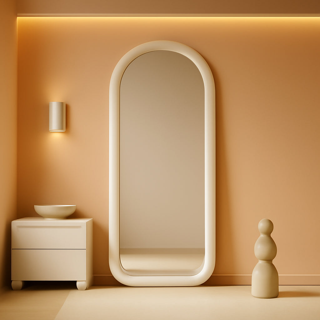Cream White Velvet Arched Floorstanding 55Inch Mirror