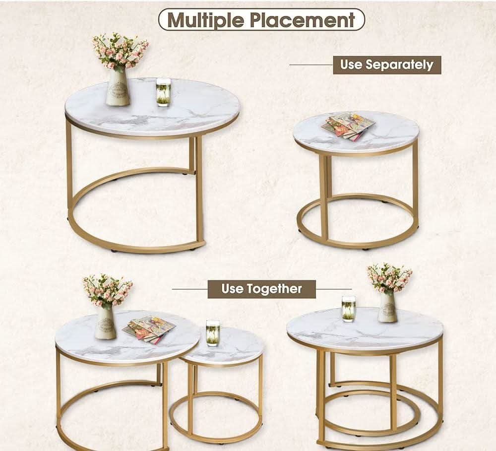 White Nesting Circular Coffee Tables Marble Pattern