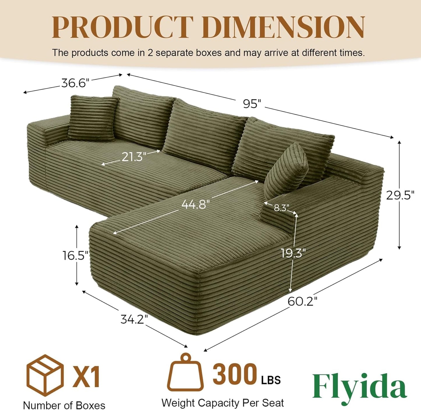 95 Inch Boneless Cloudlike Sectional Sofa MemoryFoam