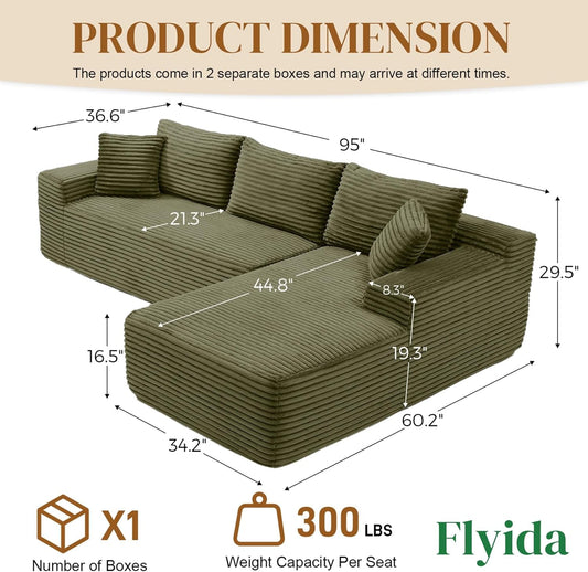 95 Inch Boneless Cloudlike Sectional Sofa MemoryFoam