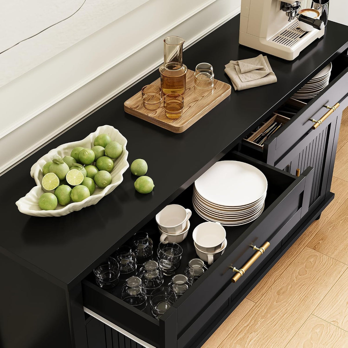 58Inch Modern Sideboard Buffet Cabinet Black Storage-2