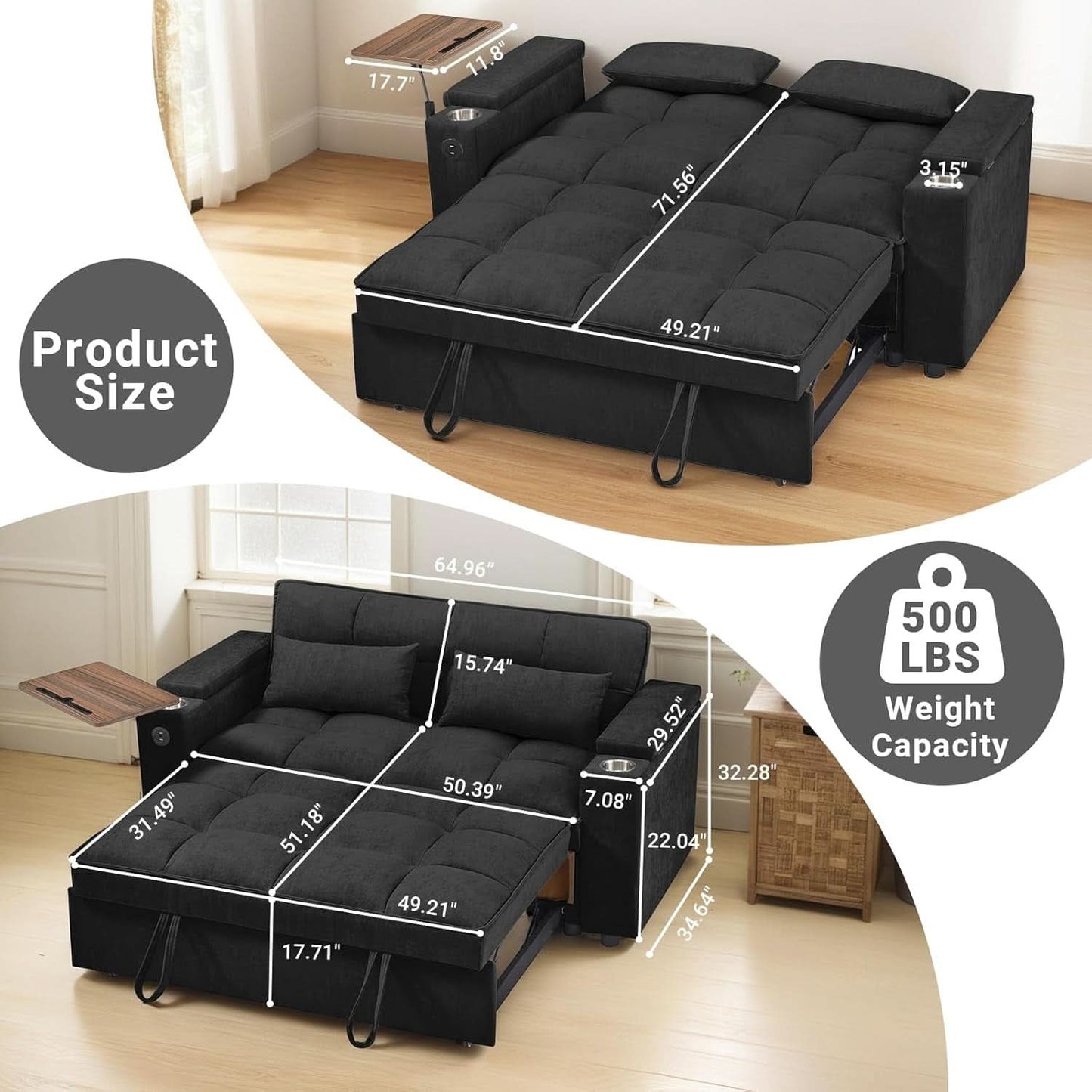 65Inches Transformable Sleeper Sofa Bed Black USBPort