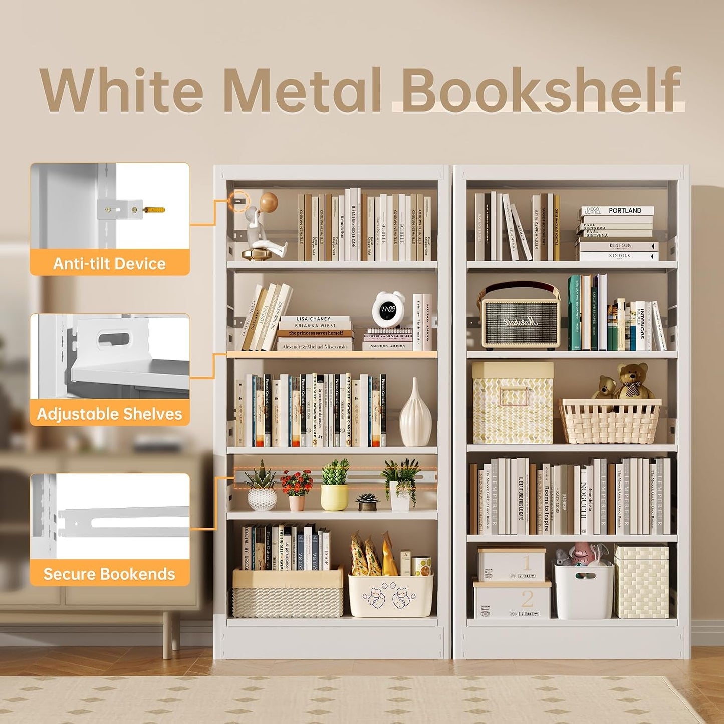 Floor Standing White Five Tier Adjustable Bookcase