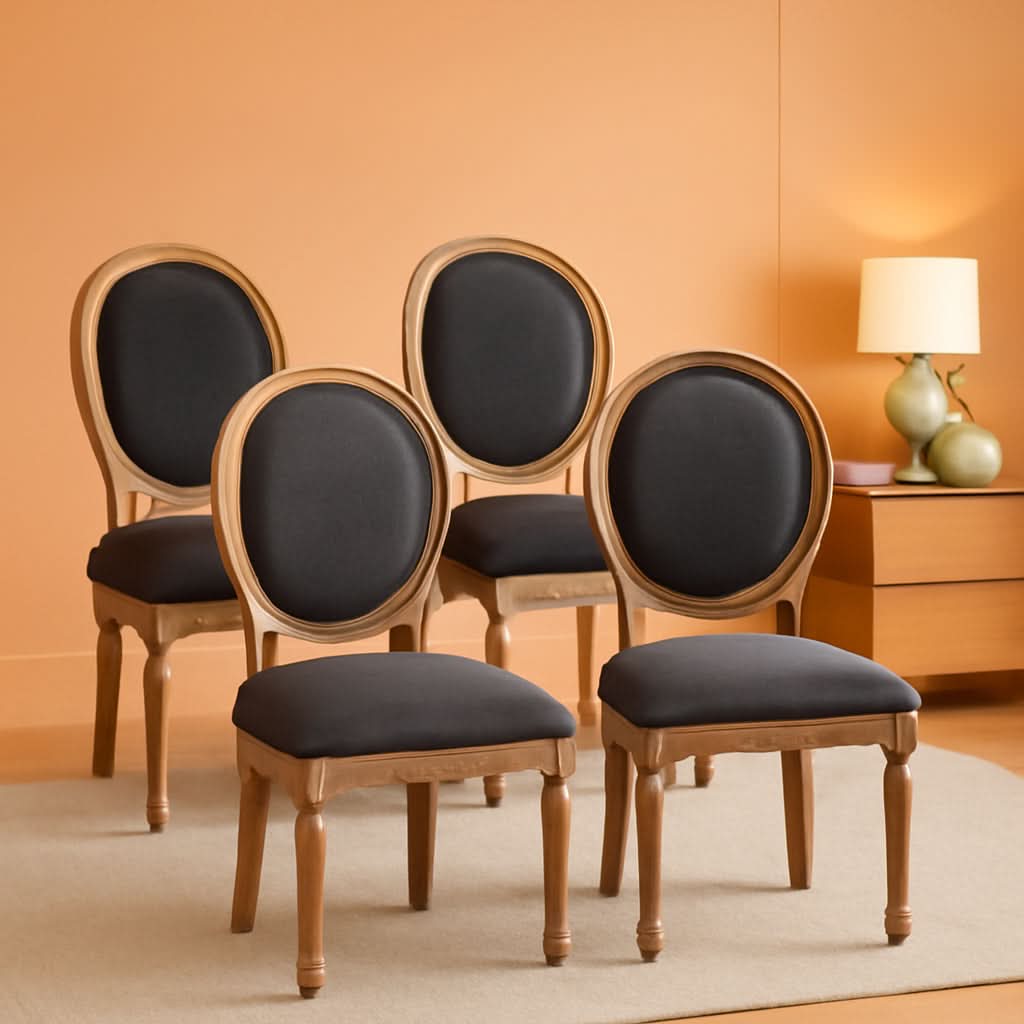 Set Of 4 French Vintage Dining Chairs Solid Wood Frame Tufted Fabric