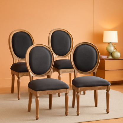 Set Of 4 French Vintage Dining Chairs Solid Wood Frame Tufted Fabric