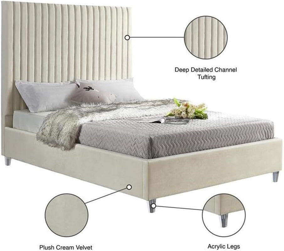 Queen Velvet Upholstered Bed Cream Acrylic Legs Tufting