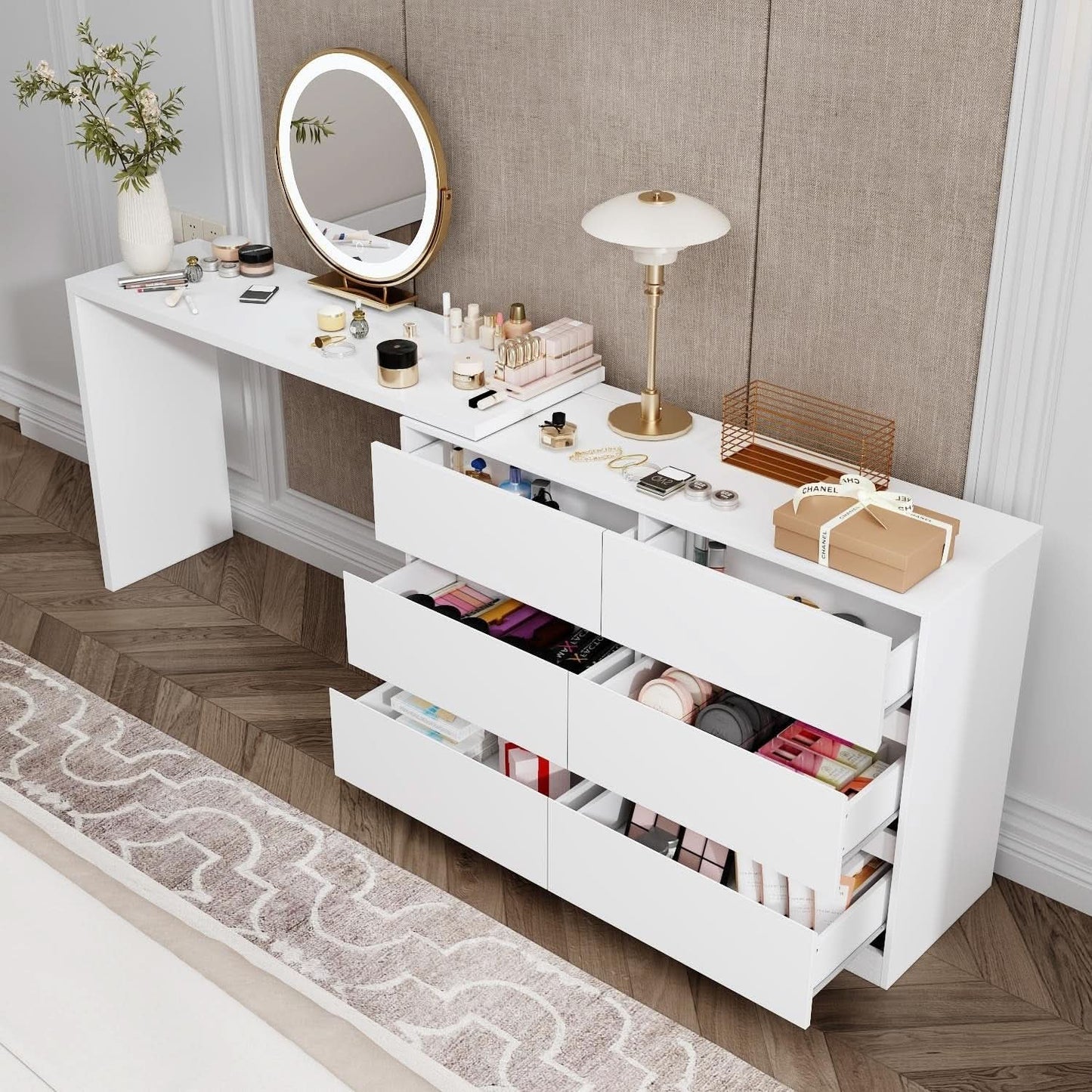 6 Drawer Dresser With Rotatable Tabletop White Home Office-2