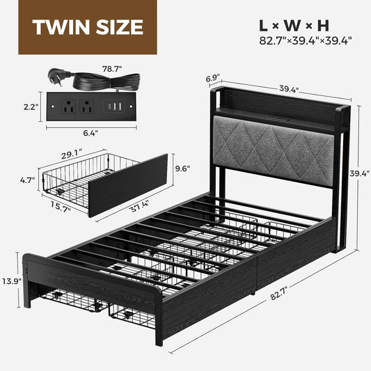 Twin Bed Frame With Charging Station Storage Drawers