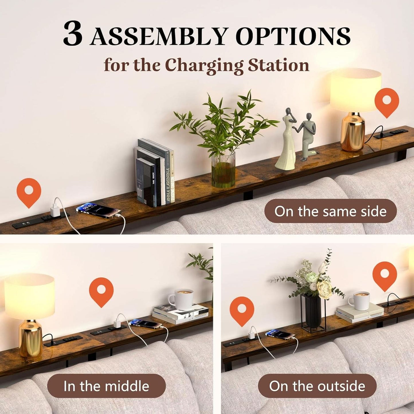 Ninety Inch RusticBrown Sofa Table With Power Strip