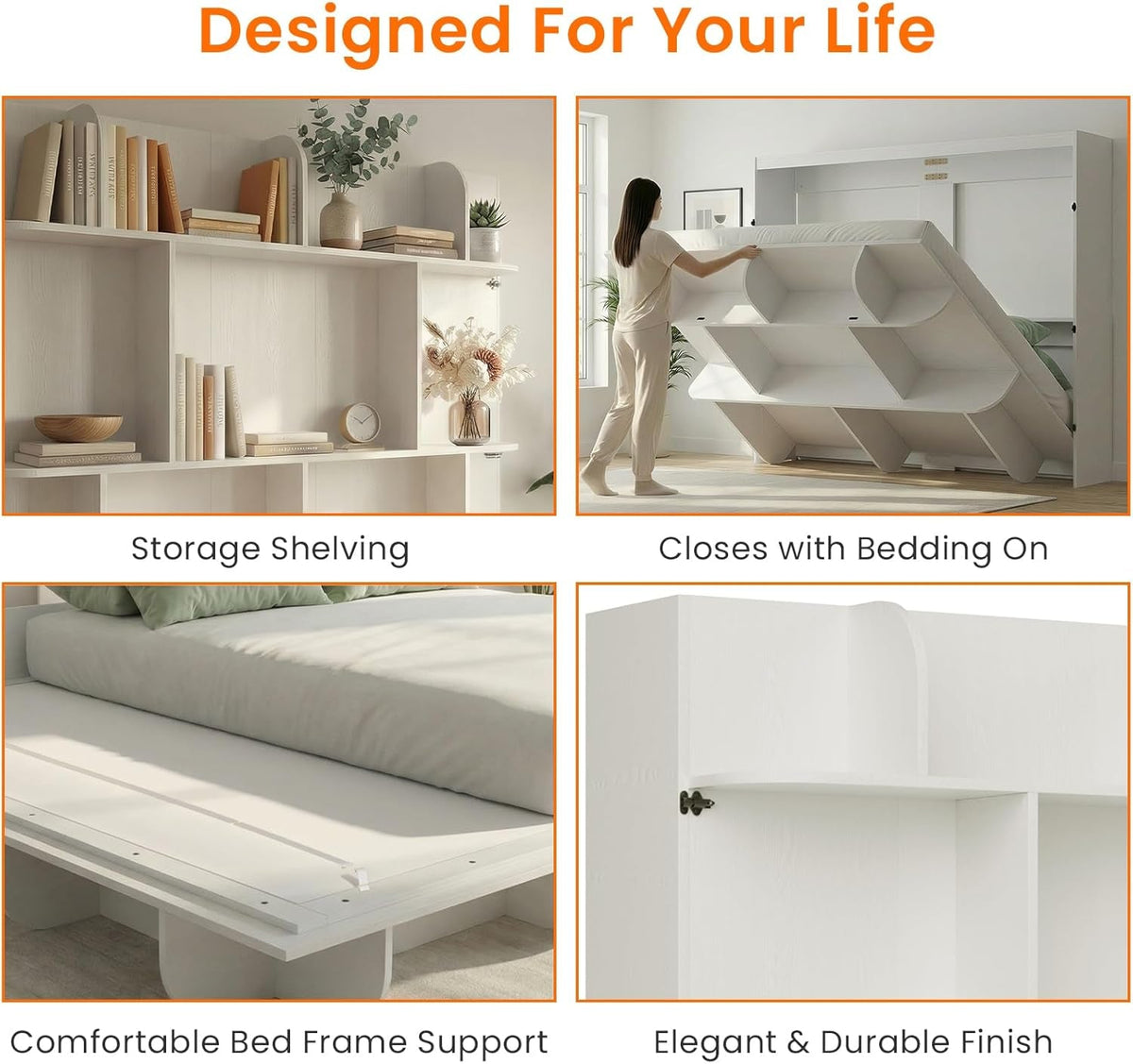 White Queen Murphy Bed With Integrated Storage Shelf-3
