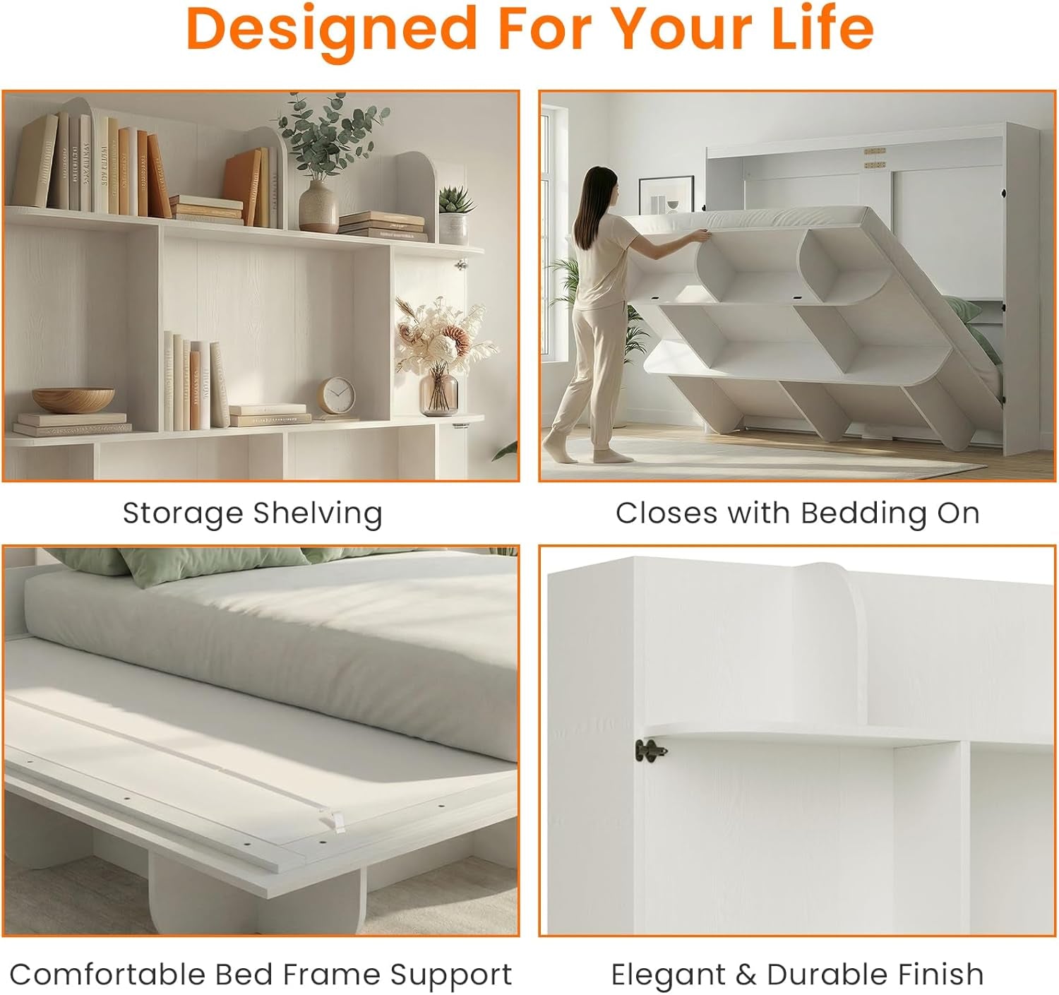 White Queen Murphy Bed With Integrated Storage Shelf-3