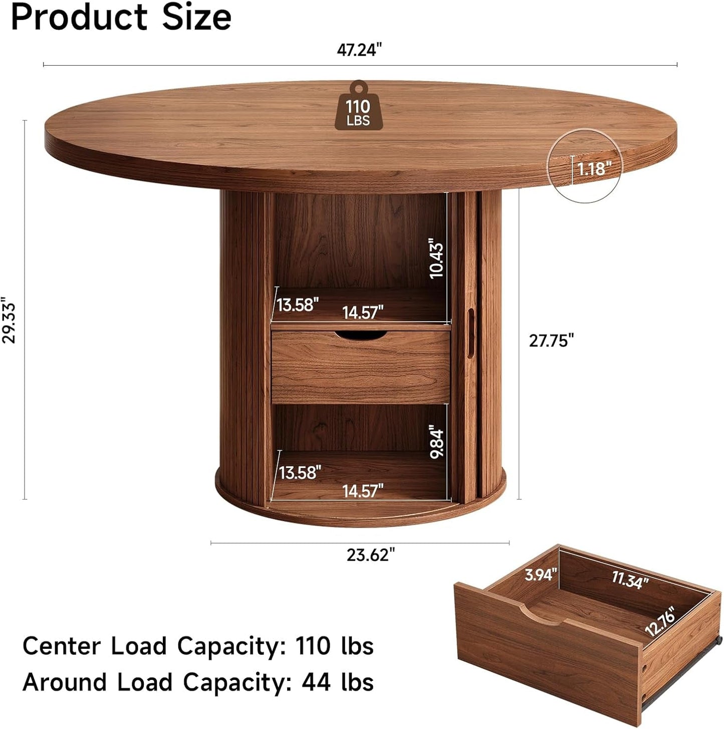 Circular Walnut Dining Table 47 Inch Storage Drawer