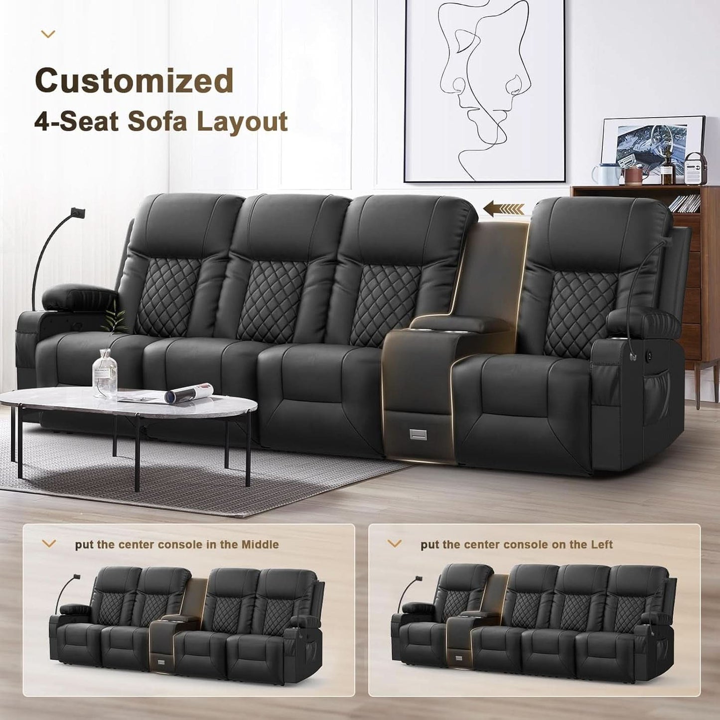 4 Seat Recliner Sofa With USB Ports And Storage Console