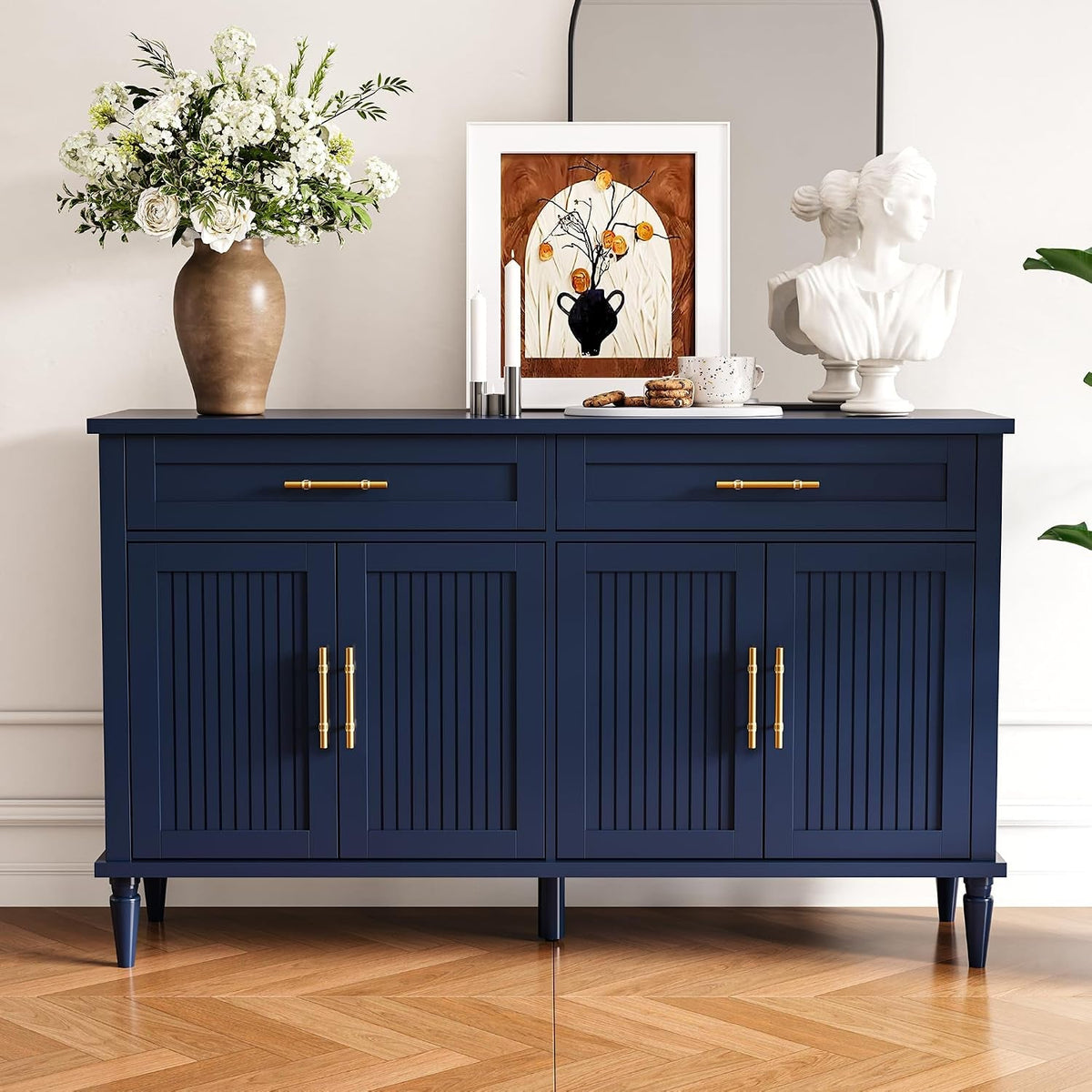 Contemporary Blue Fluted Sideboard Buffet Cabinet Storage