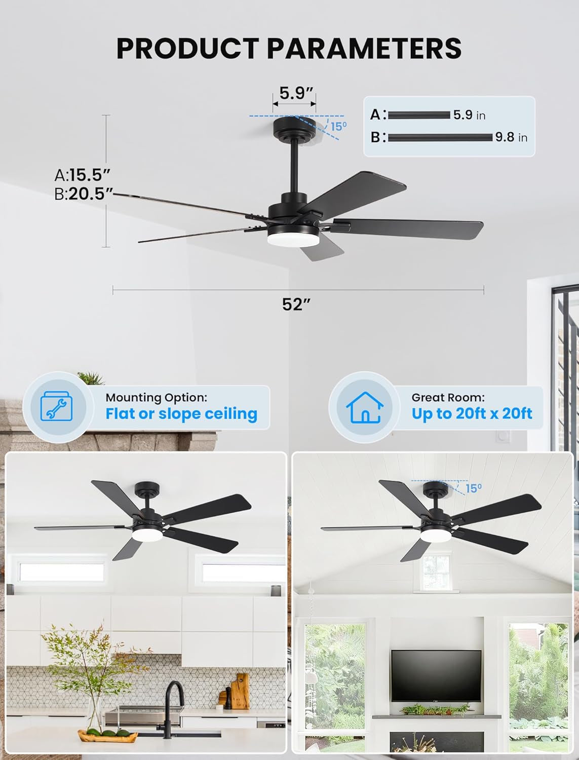 52Inch Matte Black Ceiling Fan Remote Dimmable LED Lights