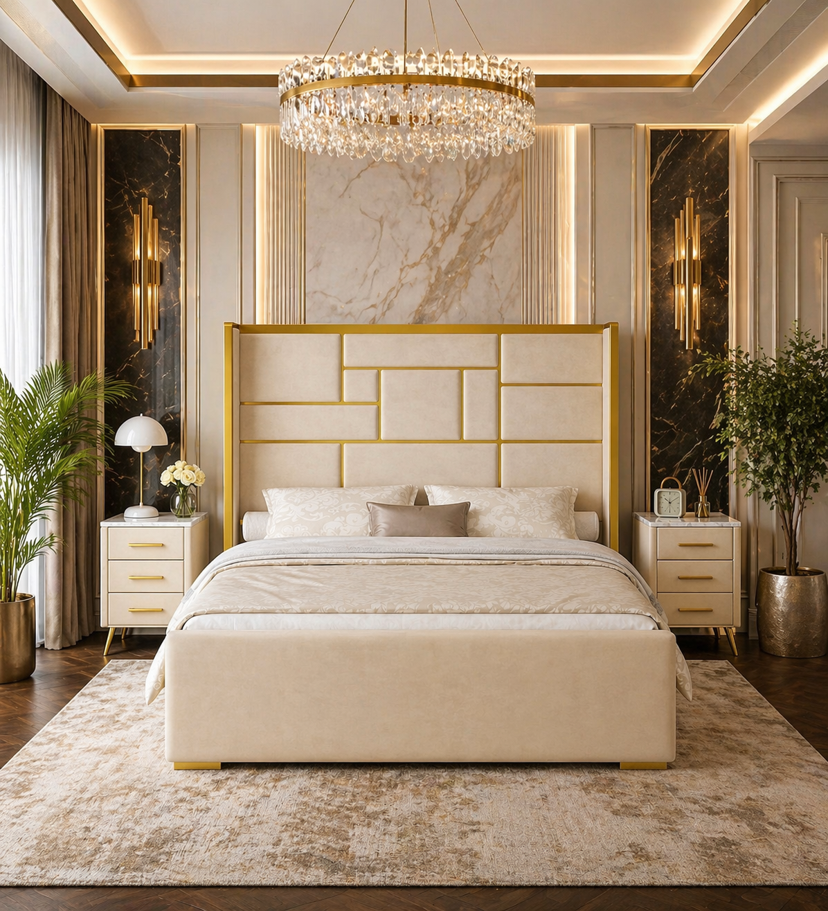 King Beige Velvet Platform Bed with 55.12" Wingback Headboard & 2 Nightstands Set