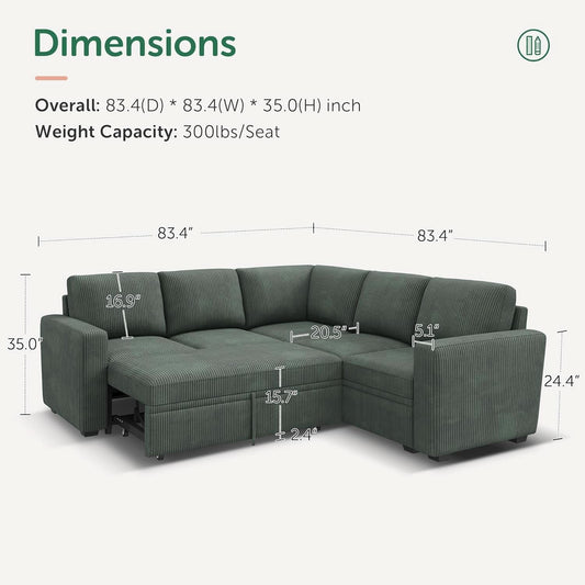 Green Corduroy Sectional Sleeper Sofa With Storage