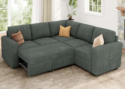 Green Corduroy Sectional Sleeper Sofa With Storage
