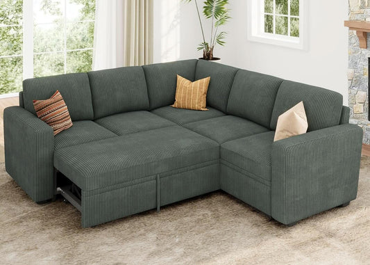 Green Corduroy Sectional Sleeper Sofa With Storage