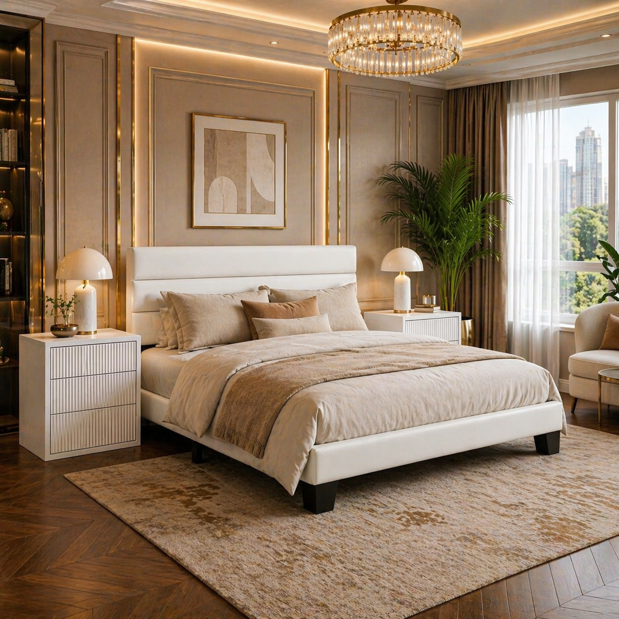 King Bedroom Set with Velvet Upholstered Platform Bed Frame & 2 White Fluted 3-Drawer Nightstands