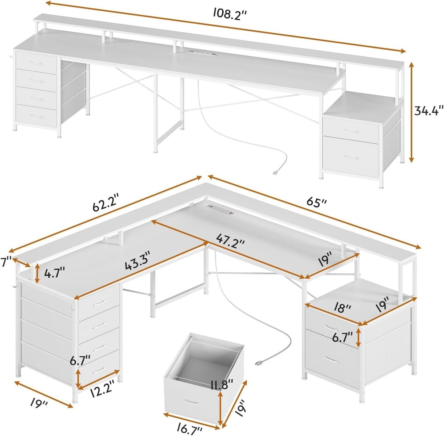 L Shaped Desk 108 Inch White Two Person Corner Computer Desk