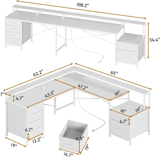 L Shaped Desk 108 Inch White Two Person Corner Computer Desk