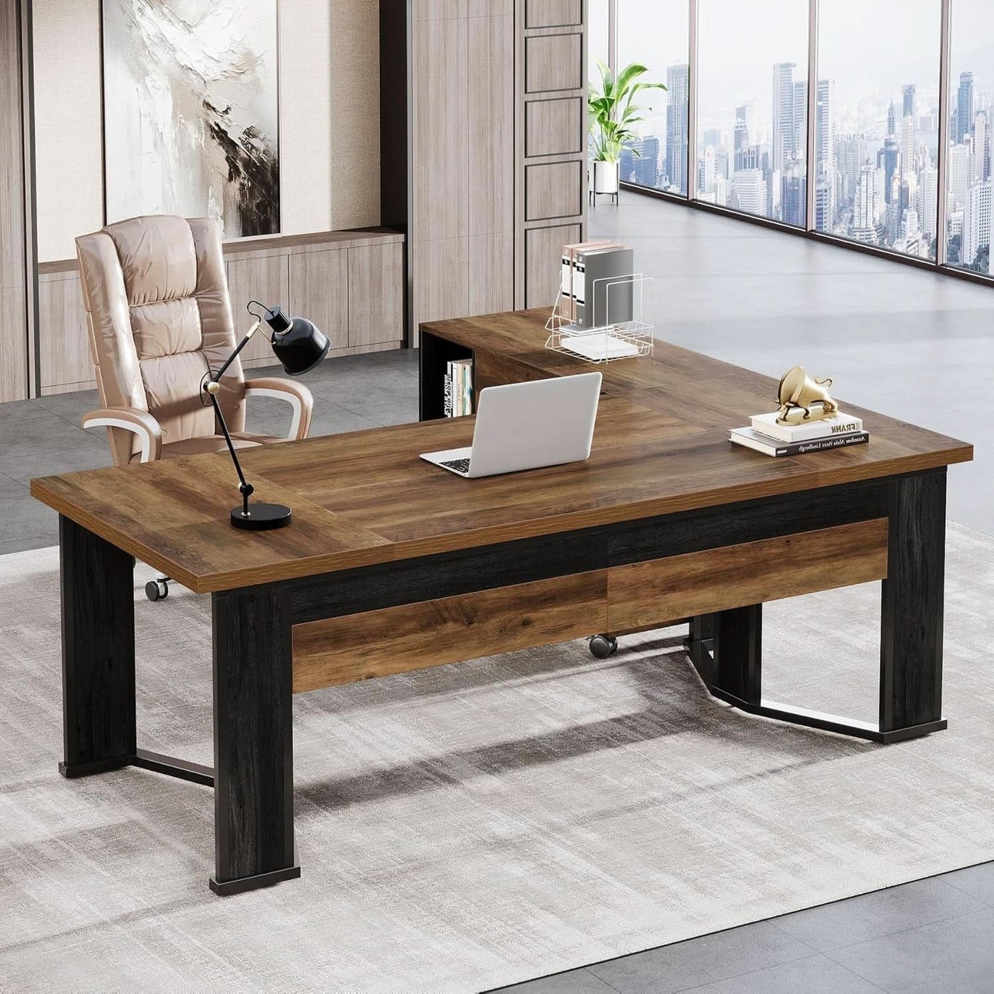 Large L Shaped Executive Desk with Mobile File Cabinet