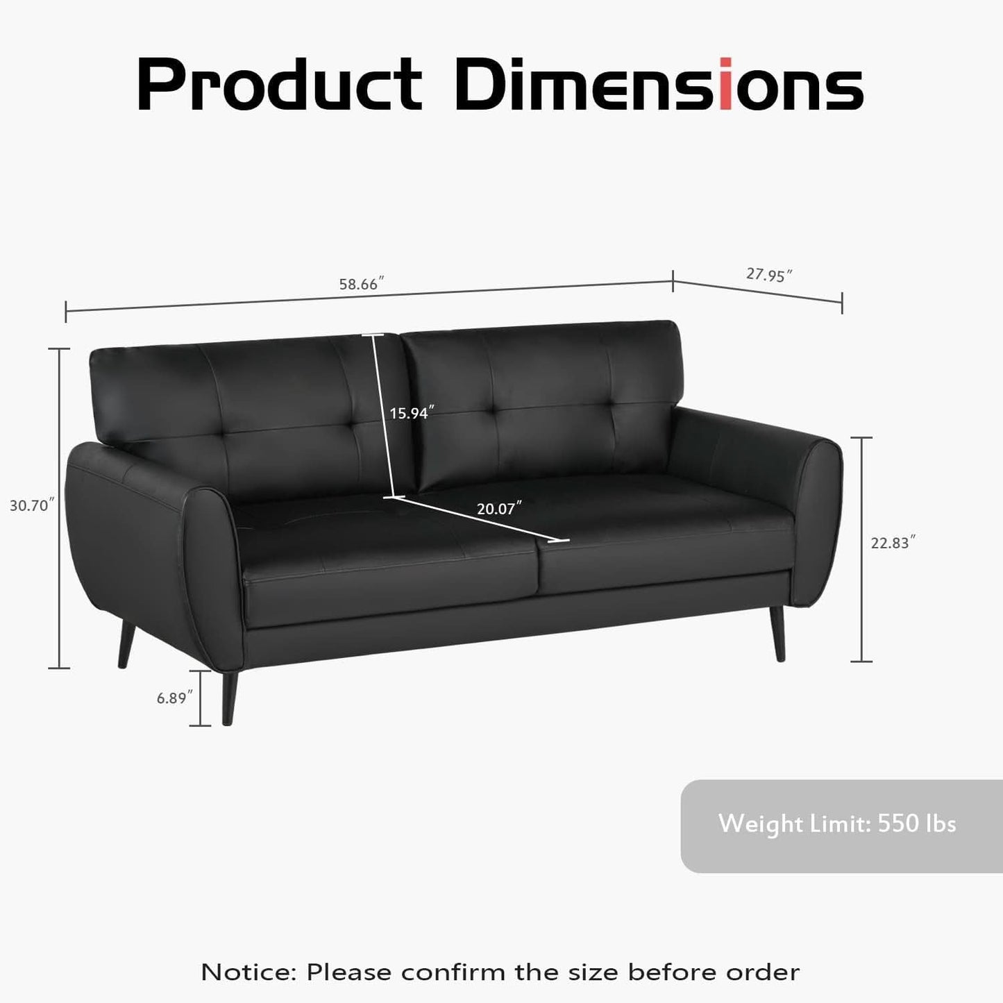 Mid Century Modern Black Loveseat Sofa for Small Spaces