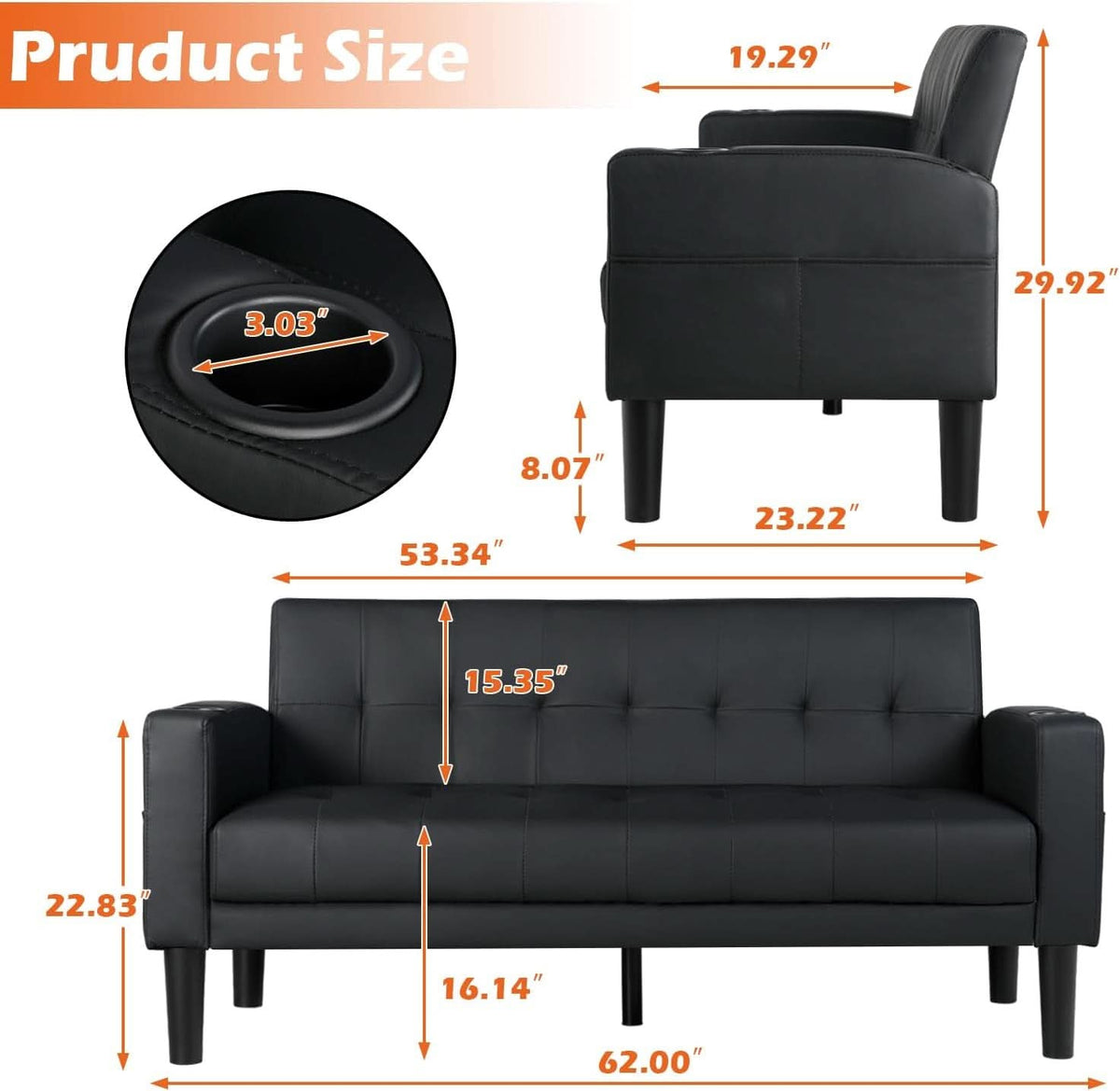 Mid-Century Modern Loveseat with USB Ports and Cup Holders